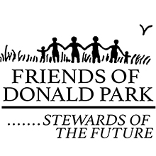 Friends of Donald County Park - "Stewards of the Future" logo. Figures standing in a line holding hands, in a prairie. 