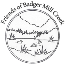 Friends of Badger Mill Creek logo. A drawing of a family of ducks swimming in a stream.