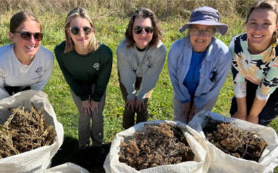 Five people outdoors standing behind large bags of seeds, smiling at the camera