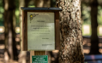 A Poetry Trail sign - a framed wooden board holding a seasonal poem protected by a plexiglass front and covered by a small roof. 