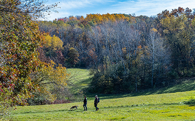 Two people walking with a dog on leash with wooded hills in the background