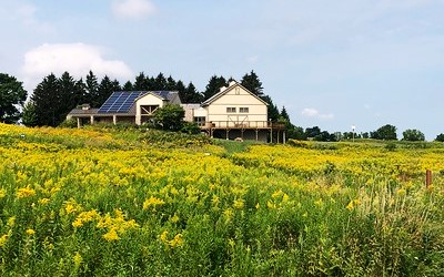 Lussier Family Heritage Center with wildflowers