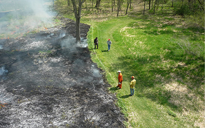 An aerial photo of four people burning a prairie
